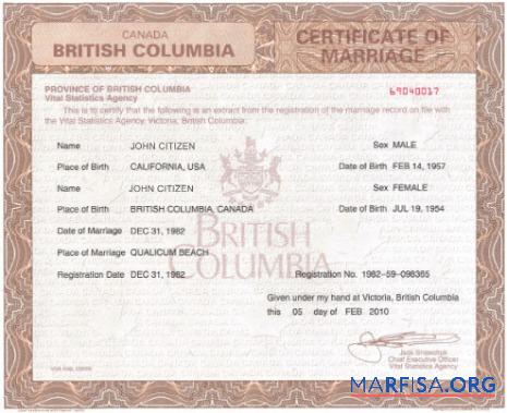 Blank Canada Vital statistics agency certificate of marriage example